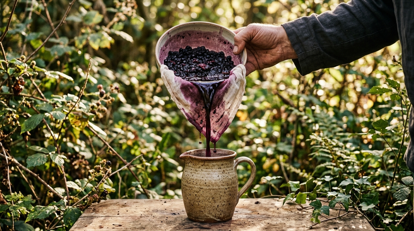 Deep purple elderberry cordial being poured through a muslin-lined sieve into a jug, dark liquid collecting below