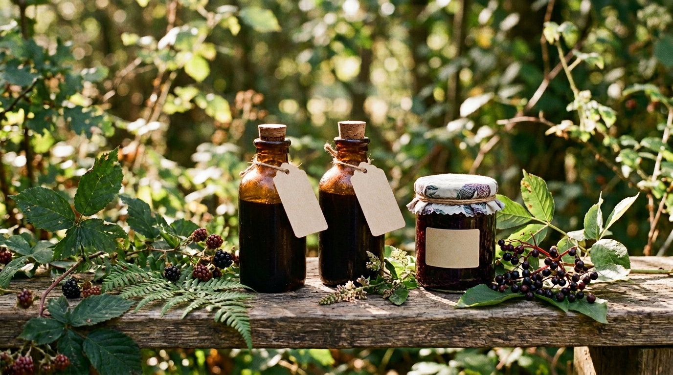 Bottles of dark elderberry cordial and jars of blackberry jam arranged on a kitchen surface