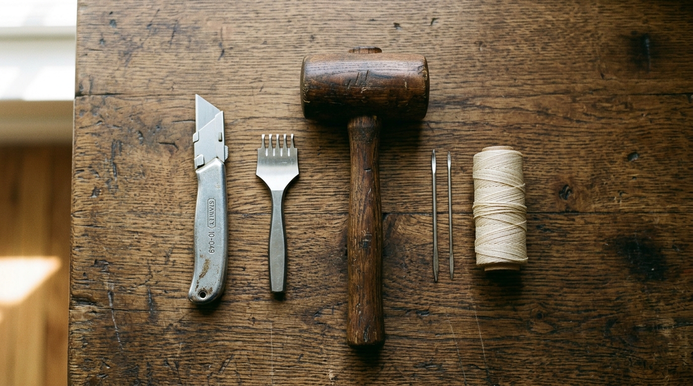 Four leatherworking tools arranged on a wooden workbench: craft knife, pricking iron, mallet, and harness needles