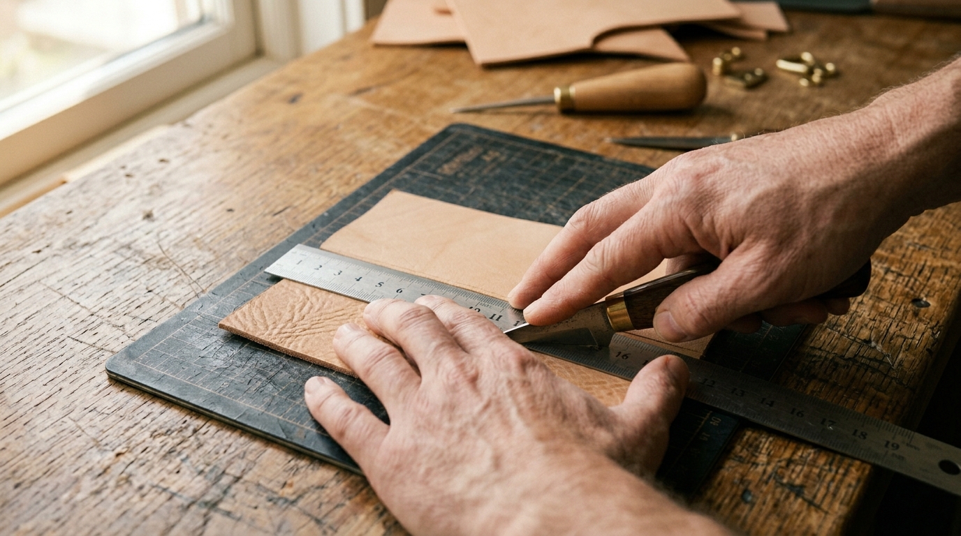 Hands pressing a steel ruler against tan leather, craft knife mid-cut along the edge
