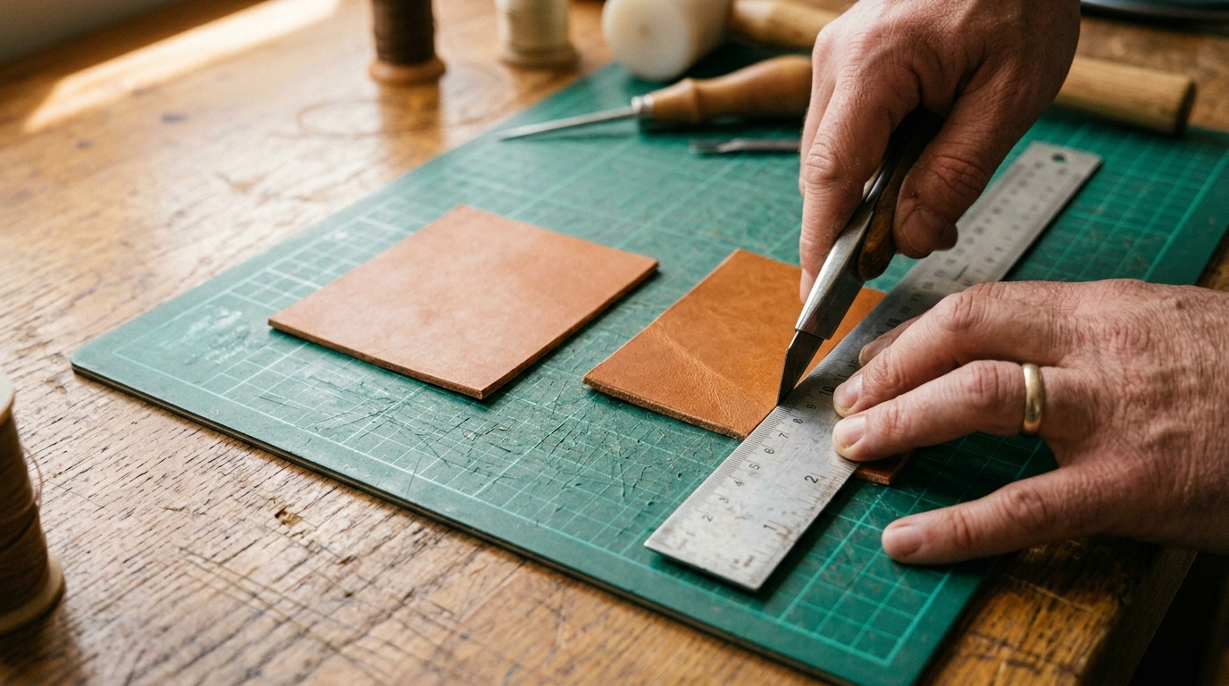Two small rectangles of tan leather being cut on a green cutting mat with a metal ruler