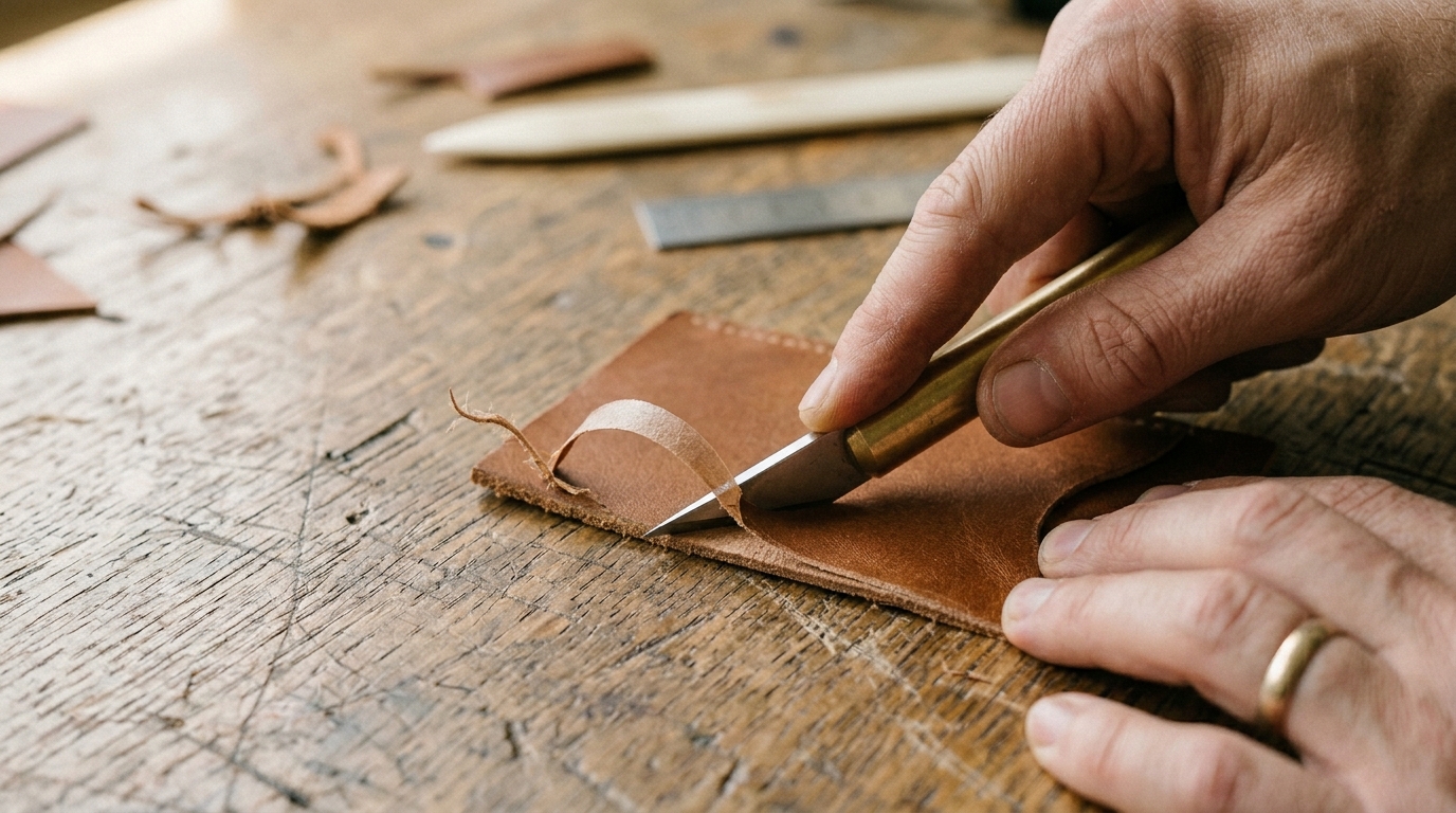 Craft knife held at a low angle shaving a thin sliver from the bottom edge of a leather pocket piece