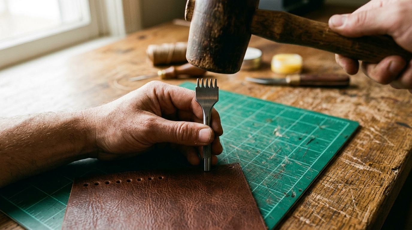 A 4-pronged pricking iron held vertical against leather, wooden mallet mid-strike above it