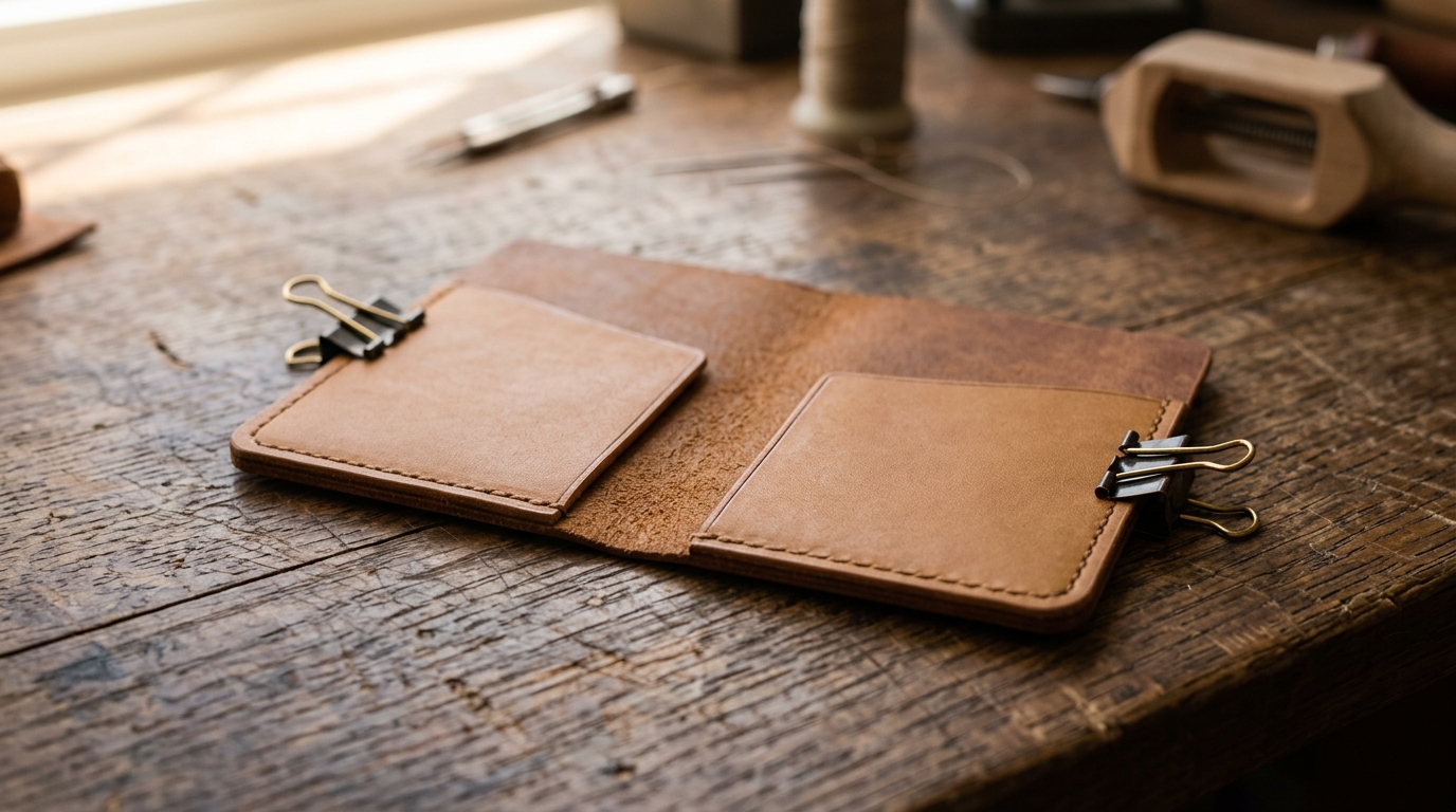 Two leather card pockets positioned on the outer shell piece, small binder clips holding them in place