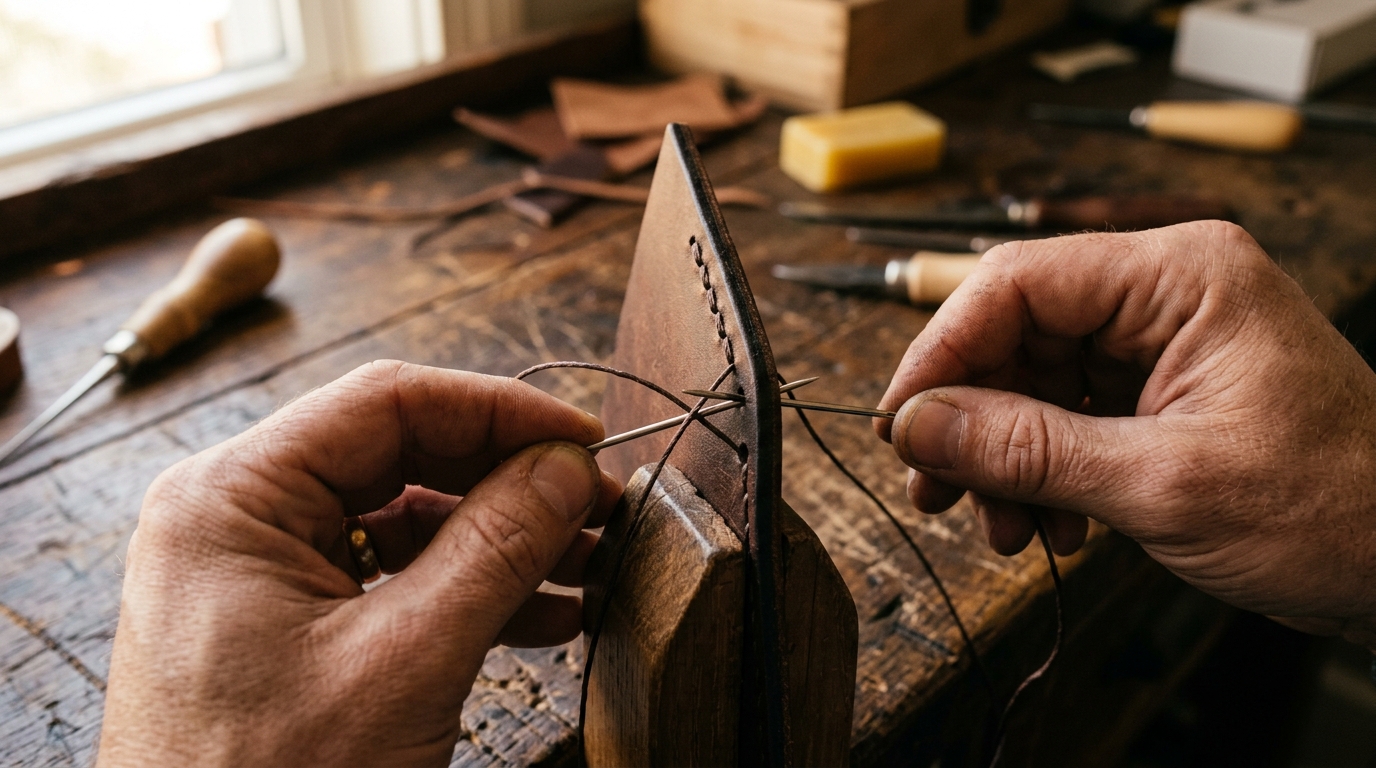 Two hands saddle stitching leather, one needle through a hole from each side, waxed thread crossing inside
