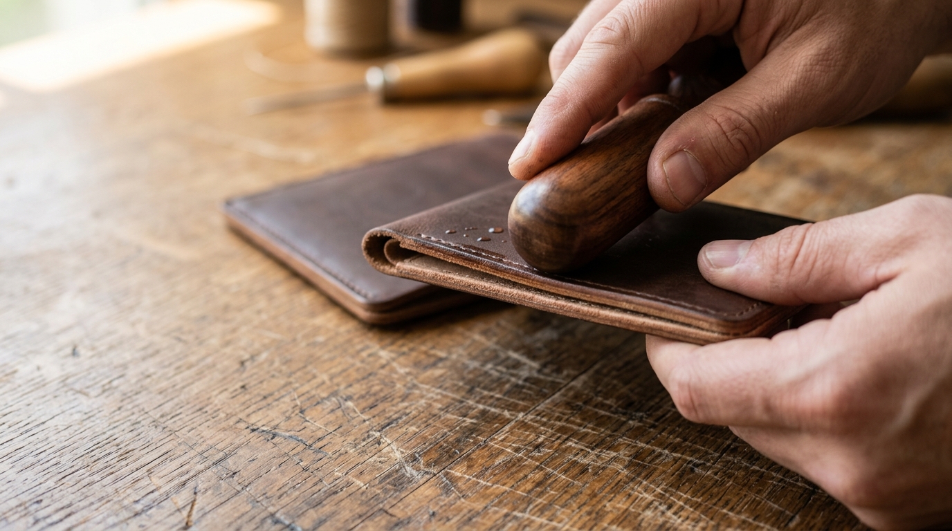 Smooth hardwood dowel being rubbed firmly along the folded edge of a leather wallet, edge visibly shinier