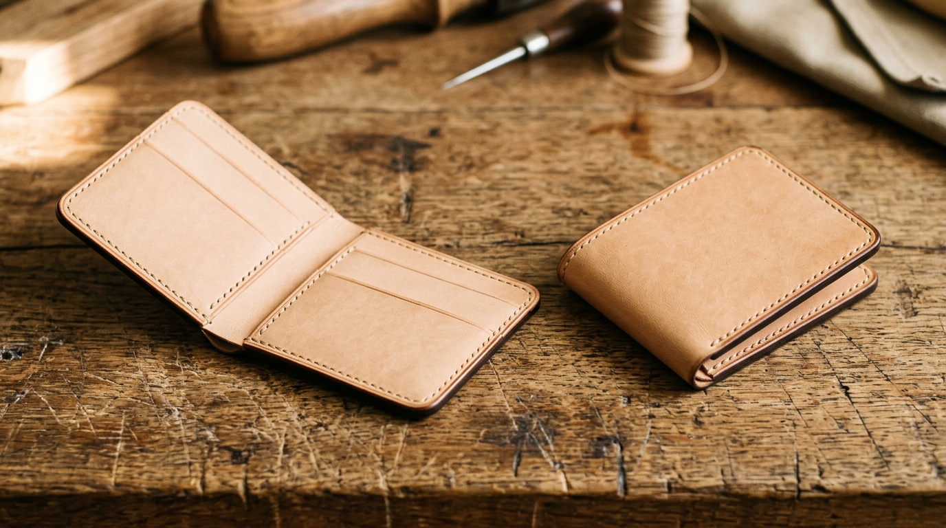 Finished slim bifold leather wallet open showing two card pockets and saddle-stitch lines, then folded closed beside it