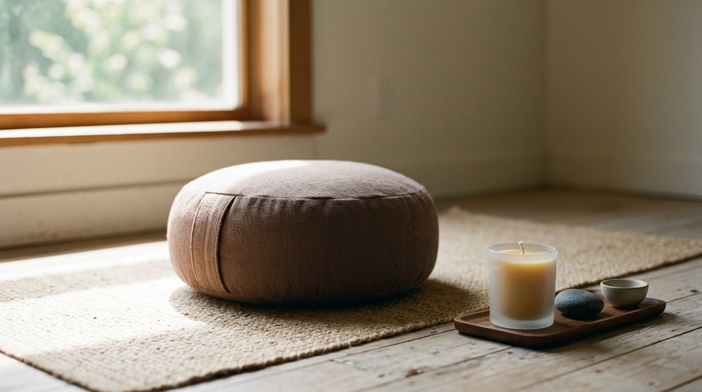A meditation cushion and small candle arranged in a quiet corner of a room, simple and intentional space