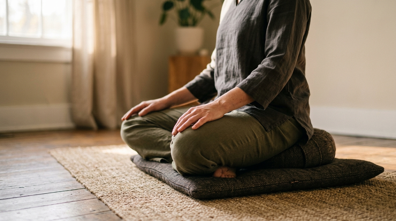 A person seated upright on a meditation cushion, eyes gently closed, spine straight, hands resting in lap