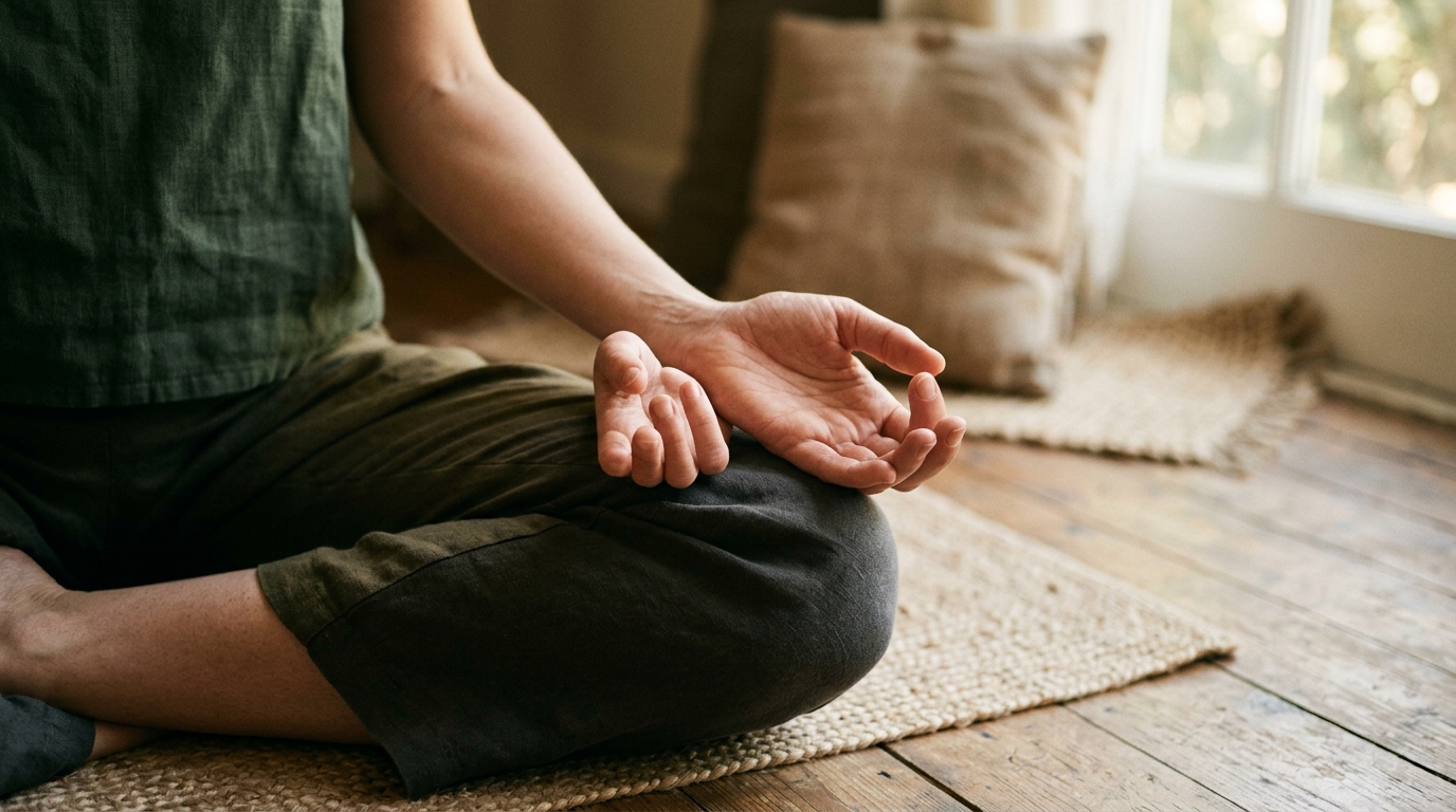 Hands resting open on the knees, palms upward, in a simple open mudra during meditation