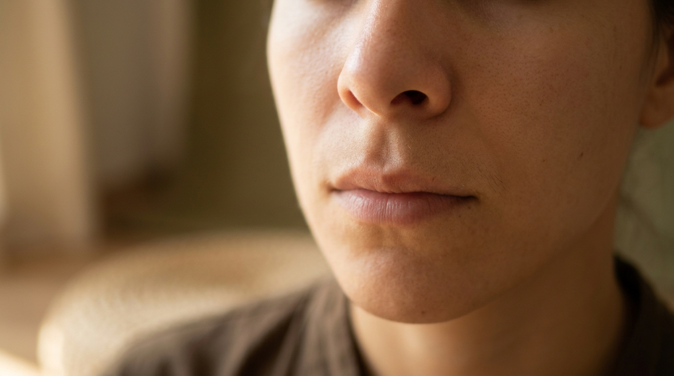 Close-up of a nose and upper lip, the focus point for breath awareness meditation practice