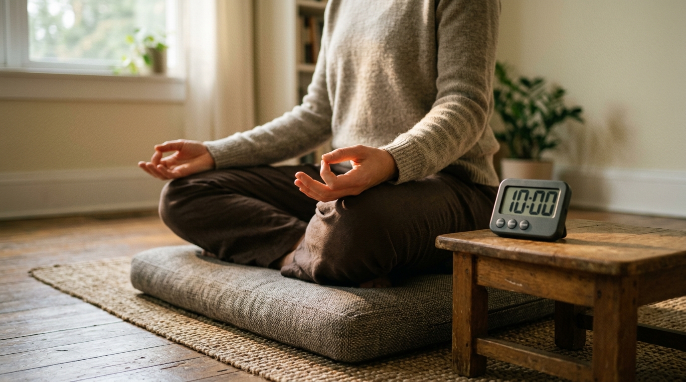 A person sitting silently in a quiet room, soft natural light from a window, a meditation session in progress