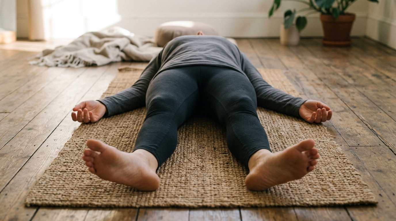 A person lying in savasana position on a mat, arms slightly away from the body, completely still