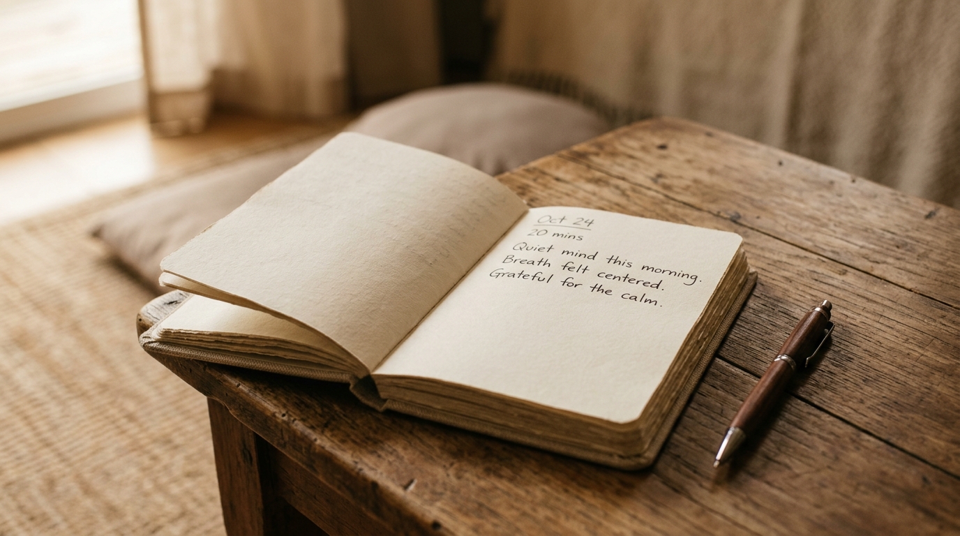 An open journal and pen on a table after a meditation session, ready for writing observations and reflections