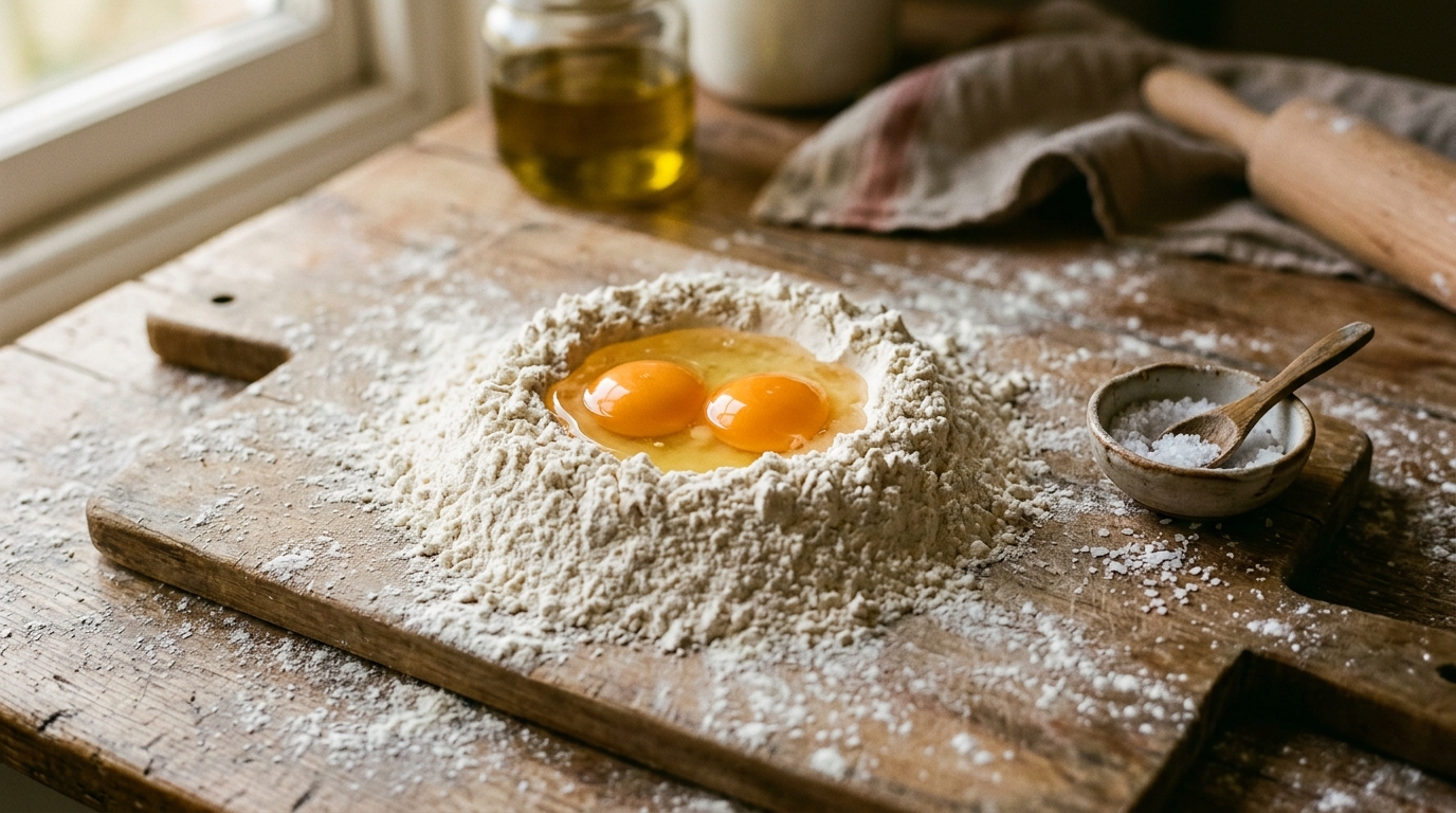 A clean worktop with 200g '00' flour mounded in the centre, a well formed in the middle, eggs and salt nearby