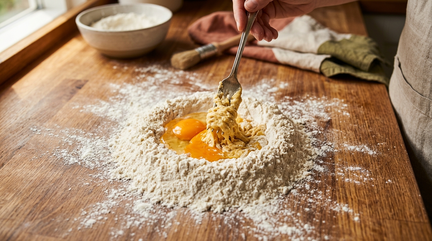 A fork beating the eggs in the centre of the flour well, gradually incorporating flour from the inner walls