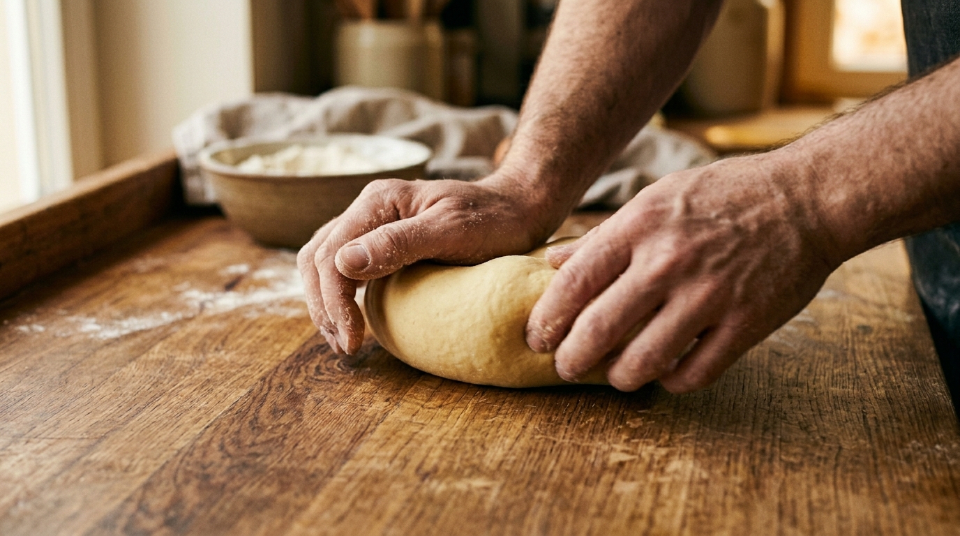 Hands kneading pasta dough on a worktop, pressing, folding, turning in a rhythmic motion, dough becoming smooth