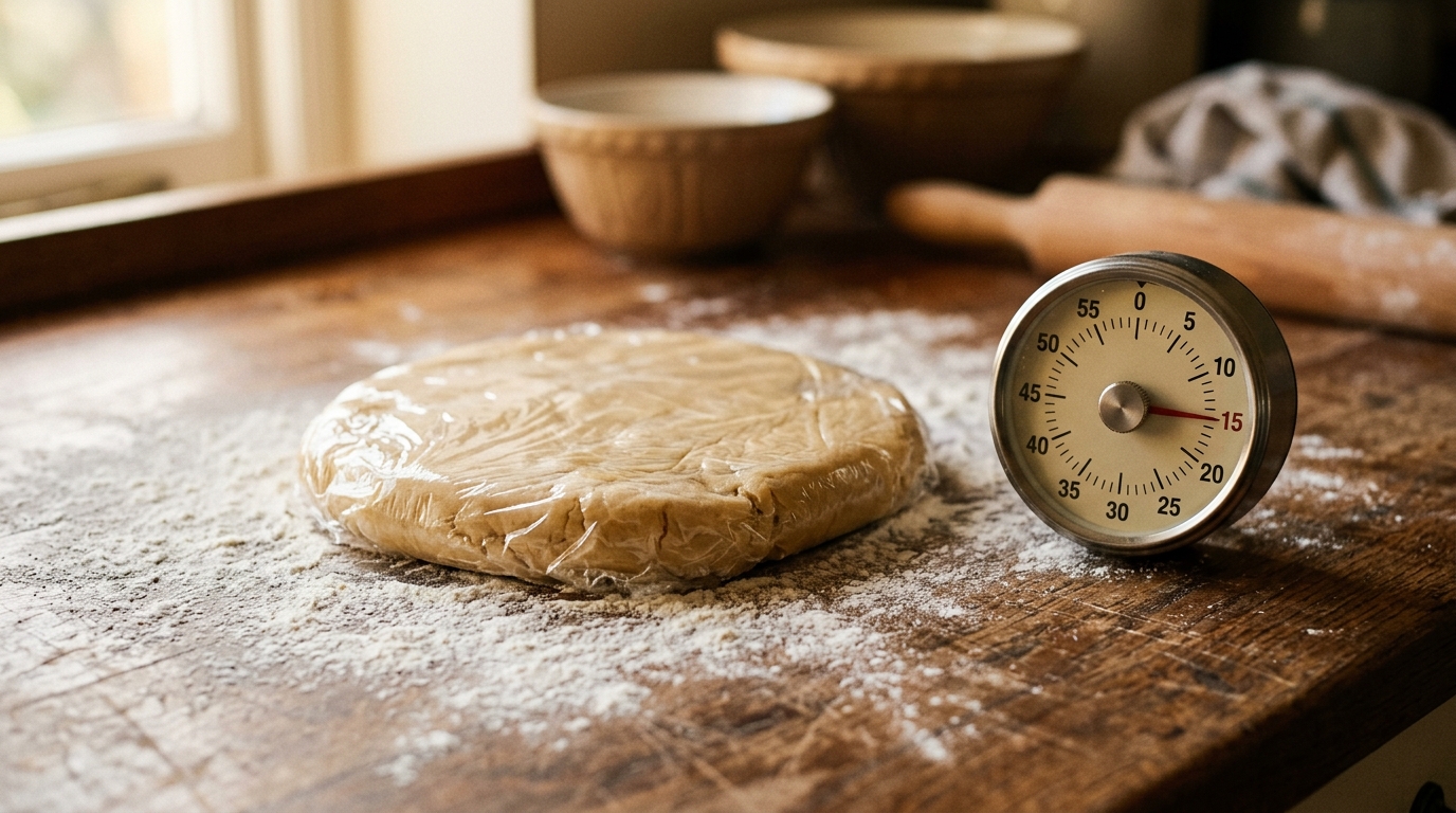 A ball of pasta dough wrapped tightly in cling film resting on a worktop, the surface smooth and golden