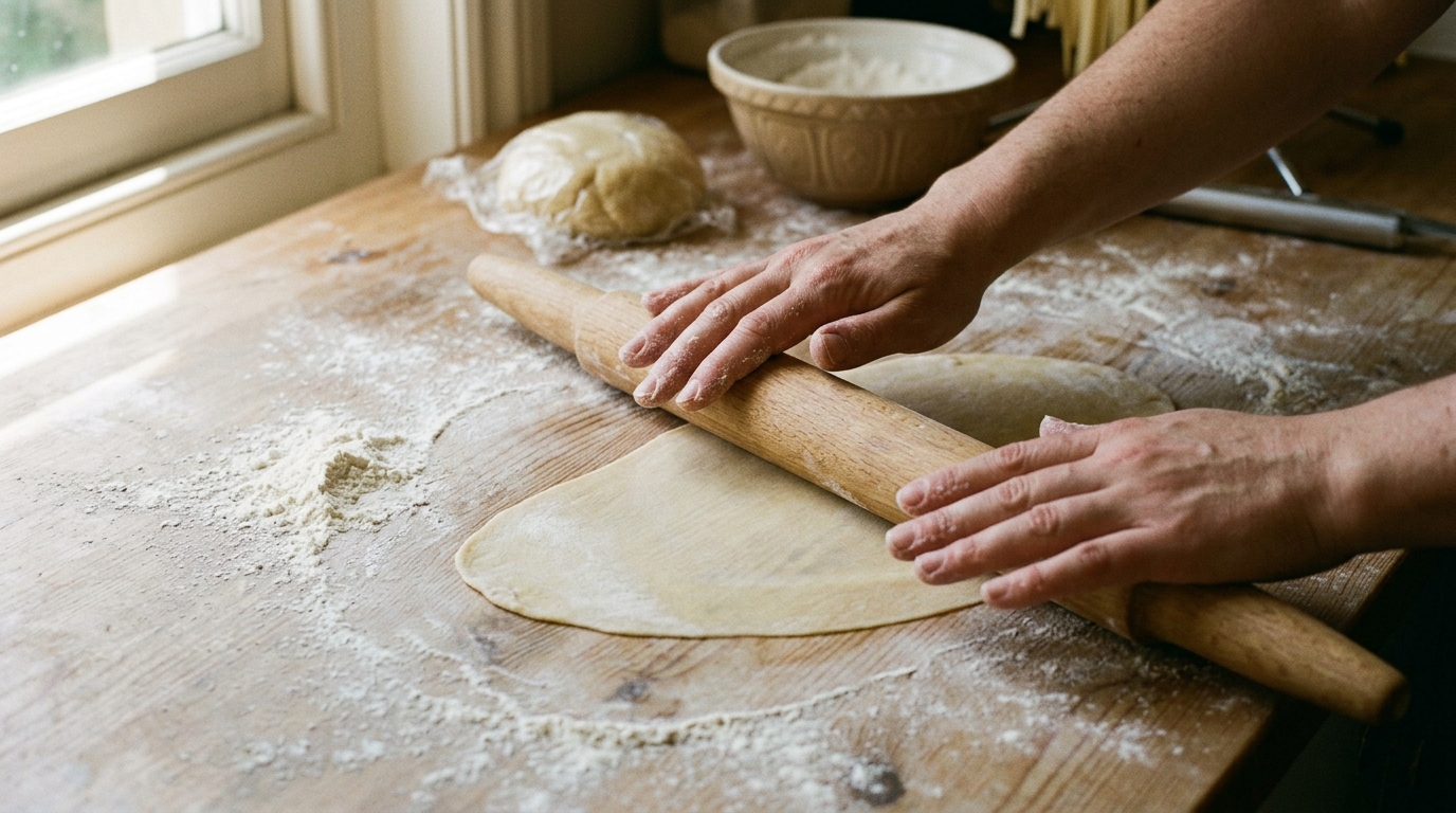 Pasta dough being rolled very thin on a floured surface with a rolling pin, the sheet becoming translucent