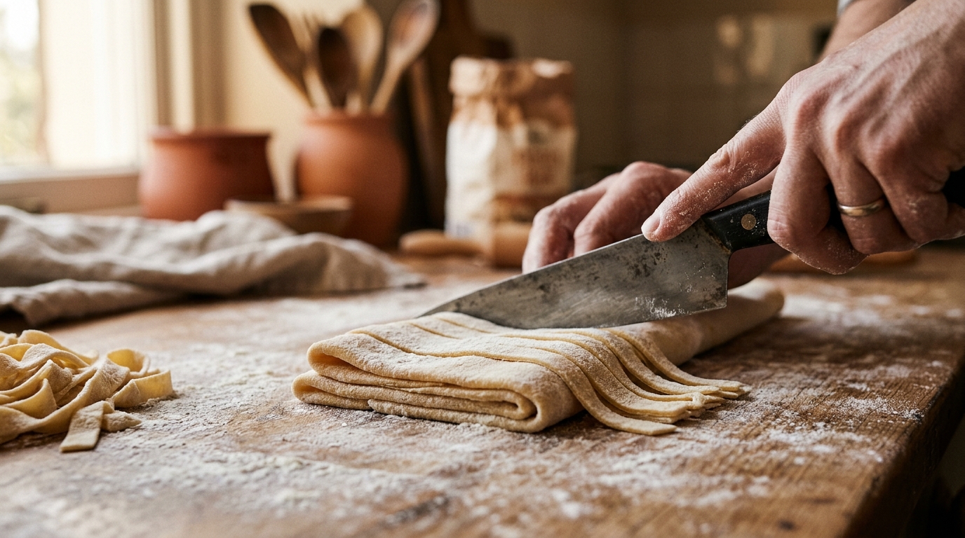 A thin pasta sheet cut into tagliatelle ribbons with a knife, the strips lying across each other in a loose pile