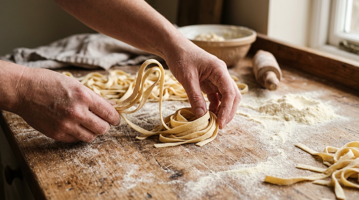 Hands unrolling cut pasta ribbons into loose nests, the tagliatelle curling naturally as it unfurls