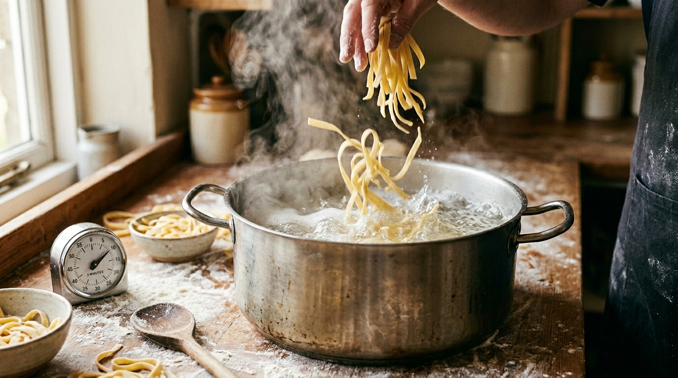 Fresh tagliatelle dropping into a large pot of vigorously boiling salted water, the pasta immediately beginning to cook