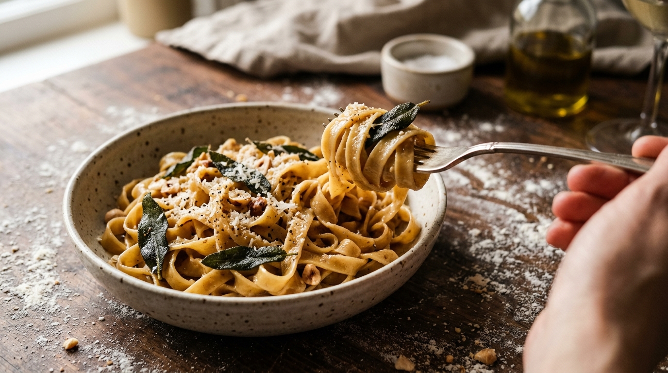 Tagliatelle tossed in brown butter in a wide pan, golden and glistening, ready to serve