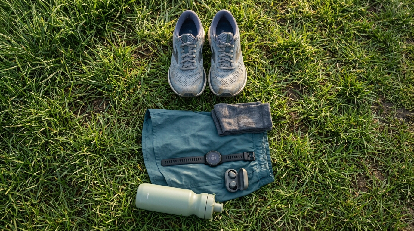 Running kit laid flat outdoors on grass: trainers, socks, shorts, t-shirt, GPS watch, water bottle, phone