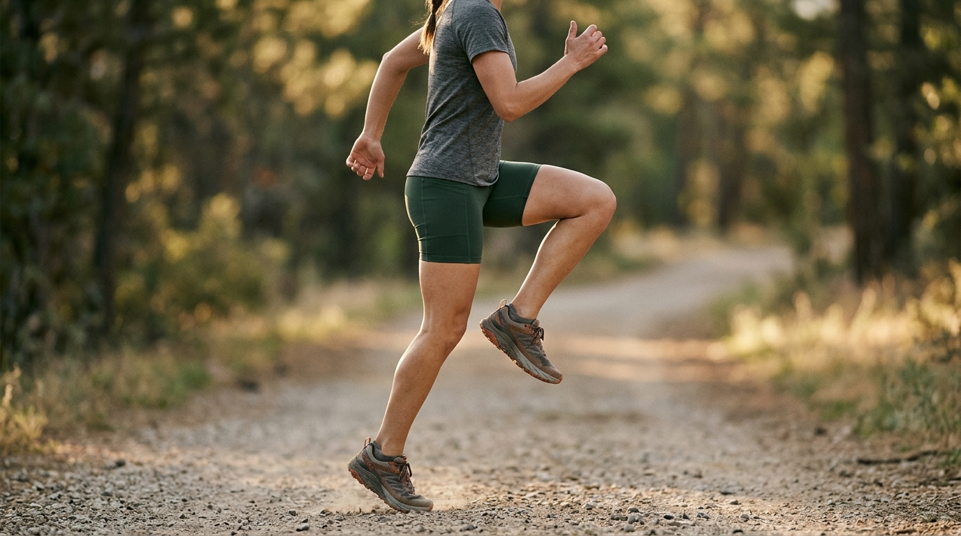 A runner doing dynamic warm-up exercises outdoors before a run — leg swings, arm circles, gentle movement