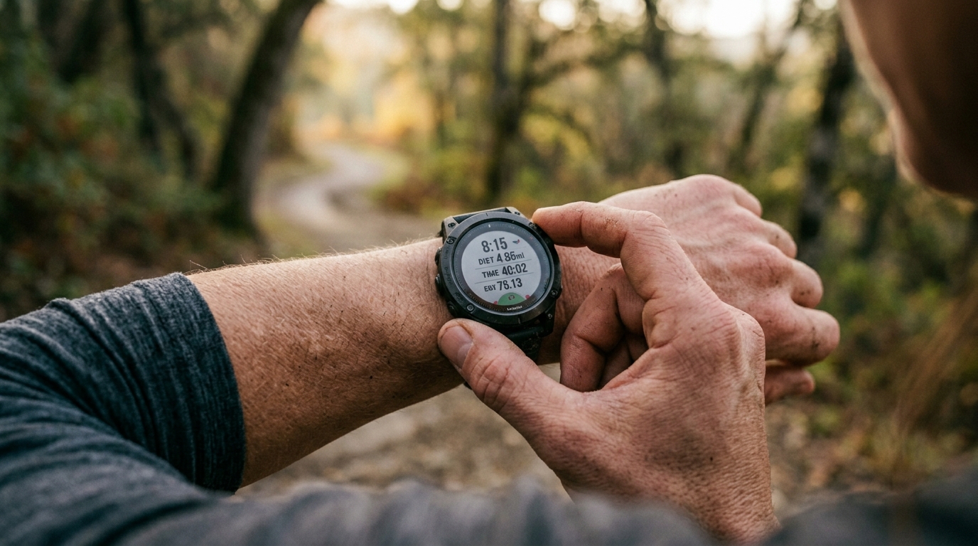 A runner checking a GPS watch mid-stride while continuing to run at an easy pace on a morning path