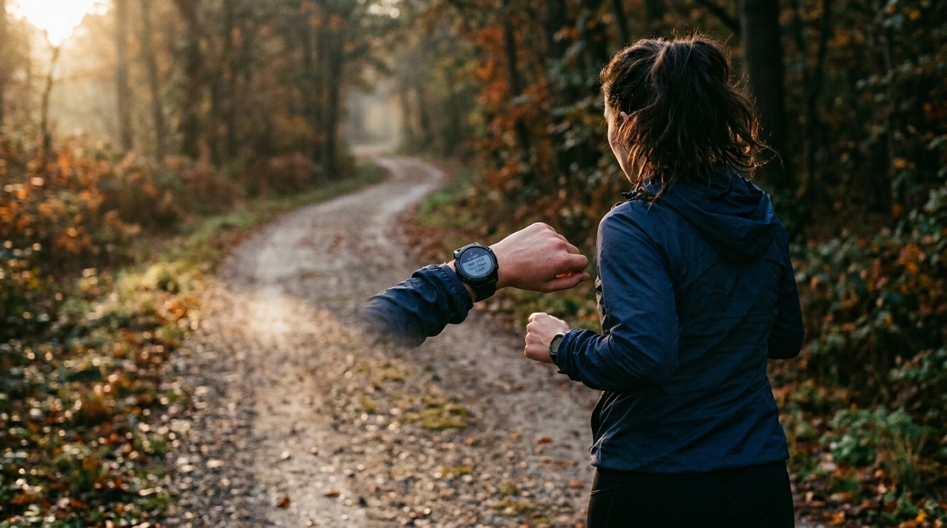 A runner slowing from a jog to a deliberate walk on a path, the walk interval of the walk-run programme