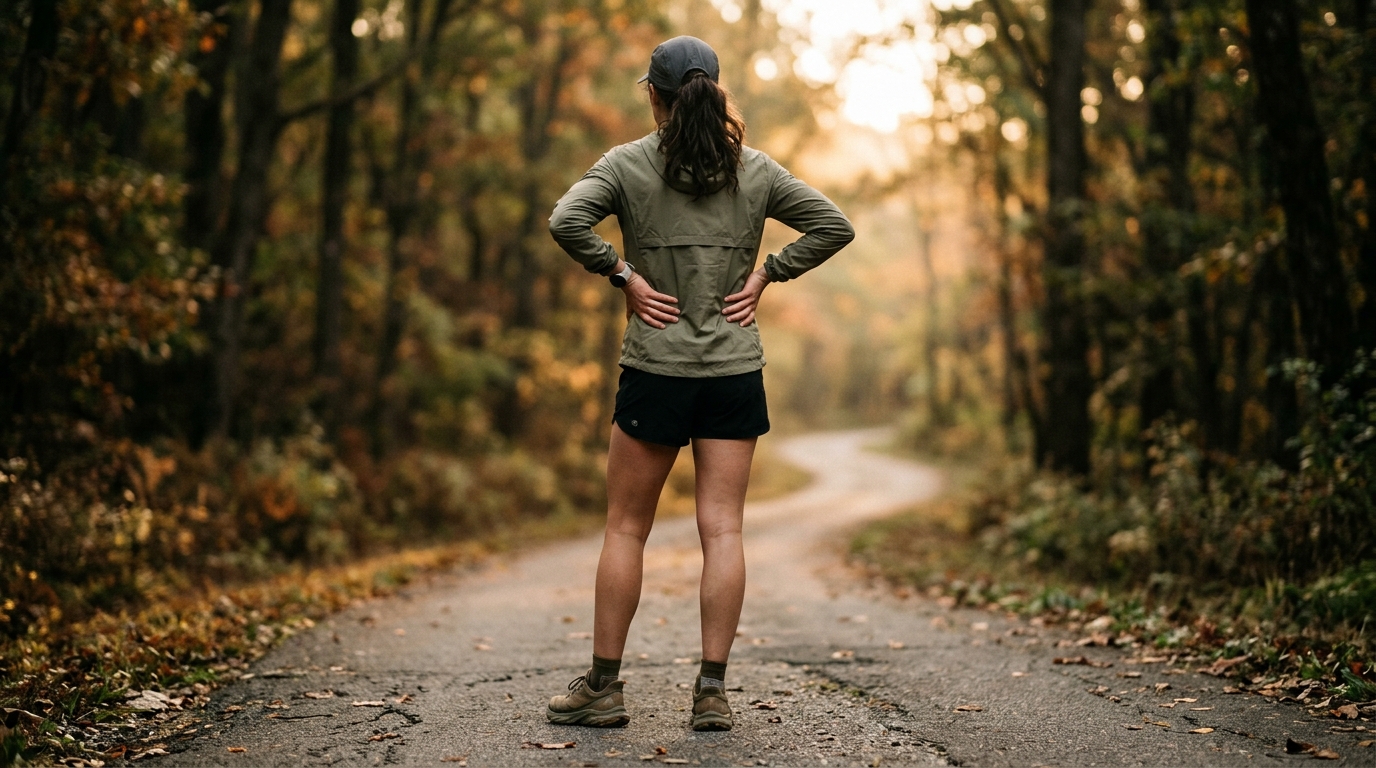 A runner finishing a running interval and checking their watch, breathing controlled, looking satisfied
