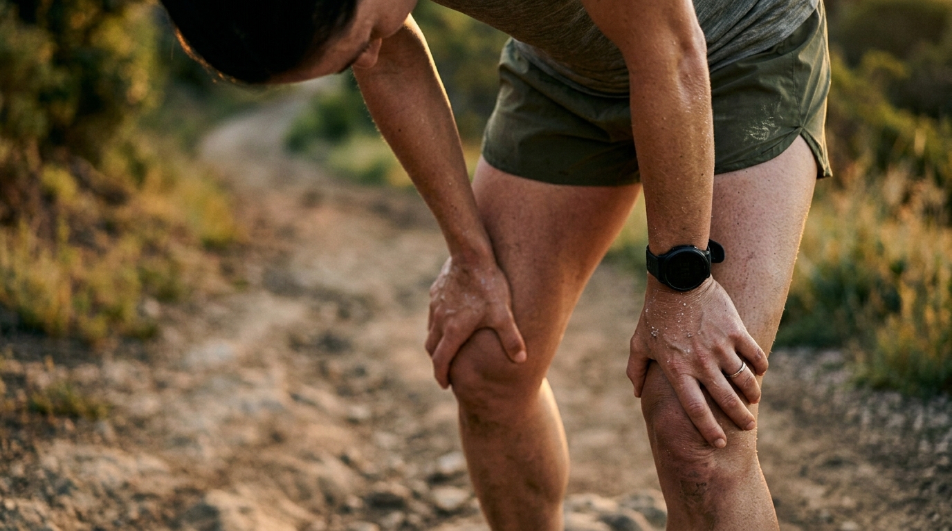 A runner doing a gentle cool-down walk after finishing a run, heart rate visibly coming down