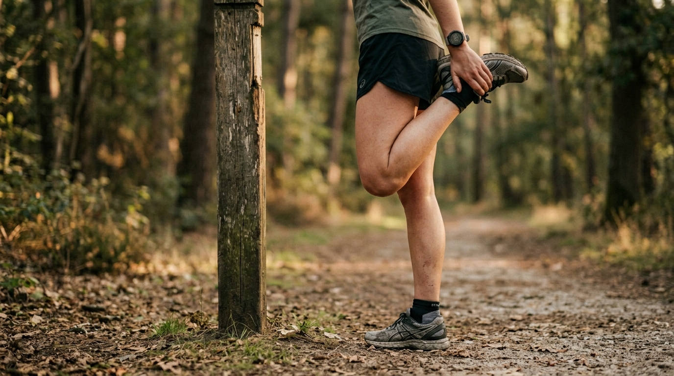 A runner stretching on a path after a run — quad stretch, hamstring stretch, calf stretch, held positions