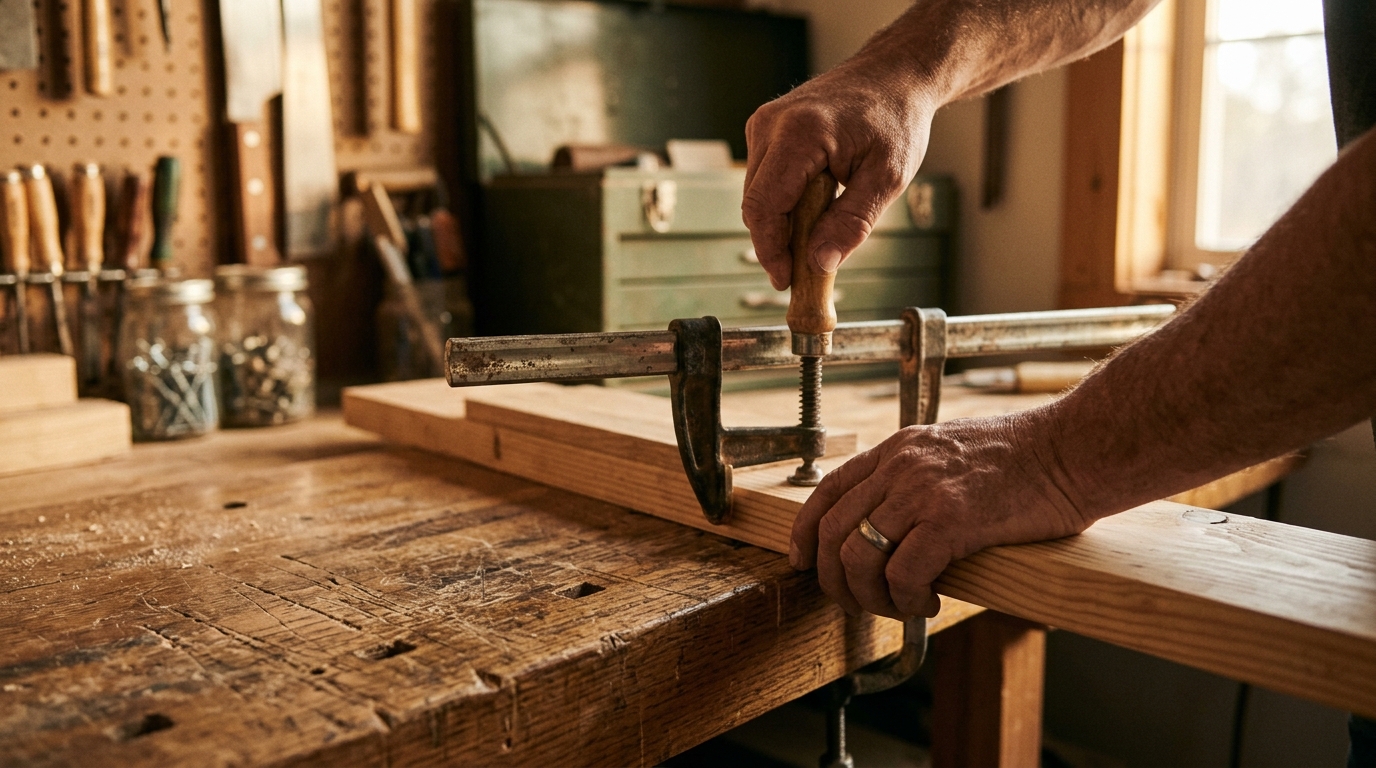A tidy workbench with clamps and hand tools